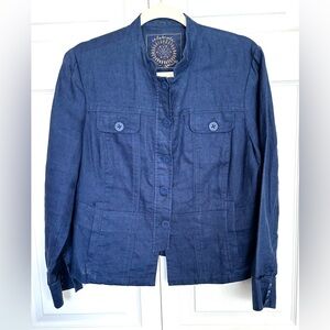 Cold Water Creek Celebrate Your Spirit Navy Blue Linen Button Down Jacket-P 12